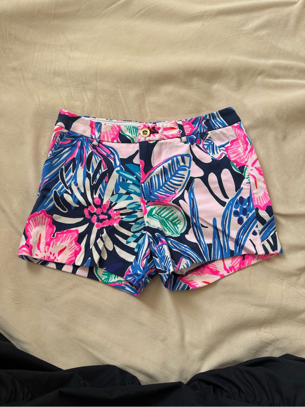 Lilly Pulitzer Tropical Floral Button-Front Shorts in Pink, Navy & Teal